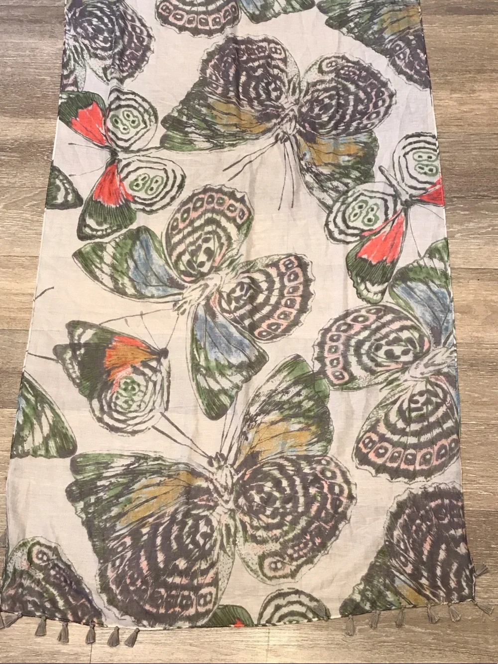 Cost Plus World Market Cream Scarf with Multicolor Butterfly Print